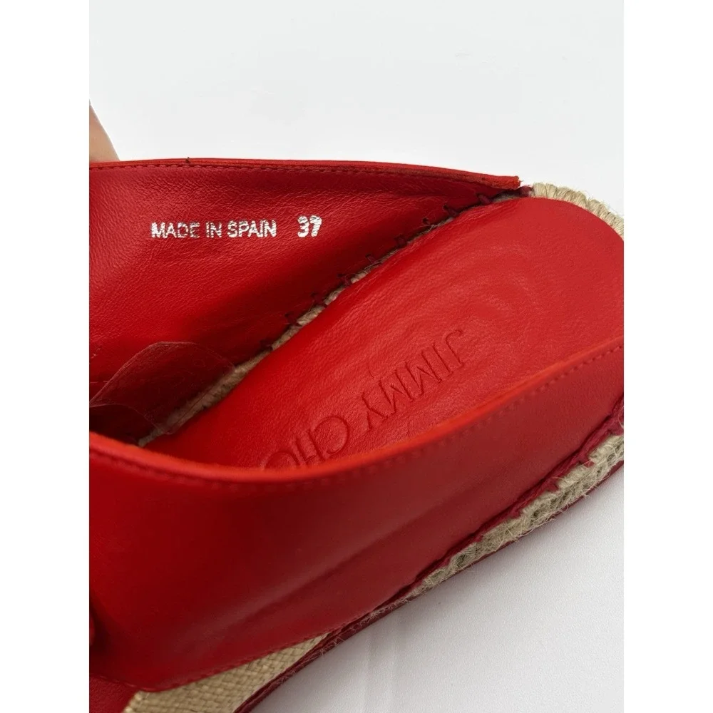 Jimmy Choo Reka Red Leather Bow and Raffia espadrille Slides EU 37 Made In Spain